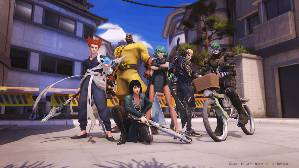 『Overwatch 2（オーバーウォッチ 2）』とアニメ『ワンパンマン』のコラボ企画ビジュアル。サイタマや戦慄のタツマキ、無免ライダーなどの衣装（スキン）を纏ったゲーム内ヒーローたちが一堂に会している。